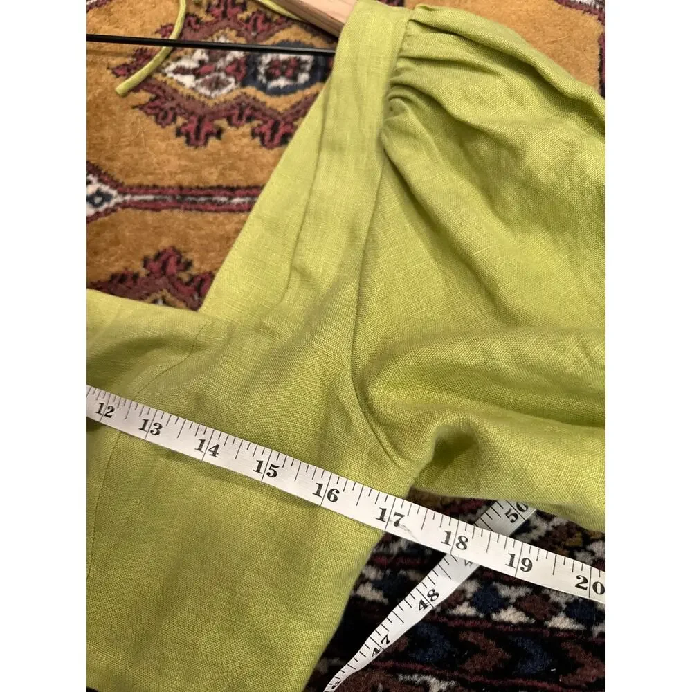 Reformation 100% Linen Puff Sleeve Crop Top Green, Size 10